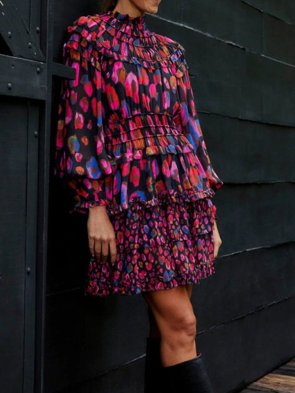 FARM RIO - Leopards Mini Ruffle Dress - Multi - XL - Picture 7 of 9